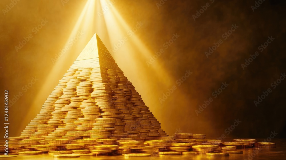 Poster a radiant golden pyramid of coins and bars, with beams of light shining from the top, symbolizing ac