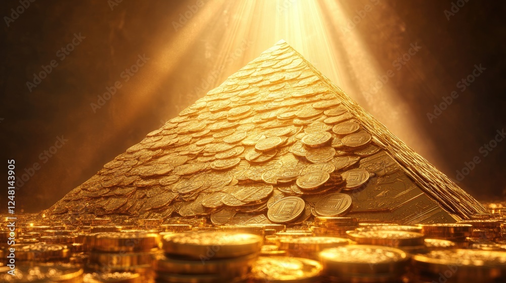 Poster a radiant golden pyramid of coins and bars, with beams of light shining from the top, symbolizing ac