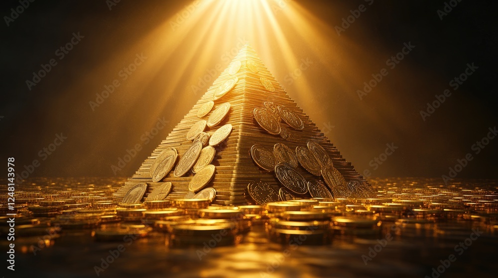 Poster a radiant golden pyramid of coins and bars, with beams of light shining from the top, symbolizing ac