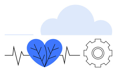 Heartbeat line, blue heart with veins, cloud, and gear symbolizing healthcare, technology, data integration. Ideal for health tech, cloud computing, teamwork innovation AI connectivity abstract