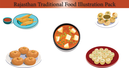 A vibrant illustration pack featuring traditional rajasthani dishes like dal baati churma, gatte ki sabzi, and ker sangri.