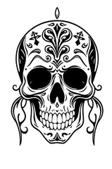Fototapeta premium human skull with ornaments black and white sketch 