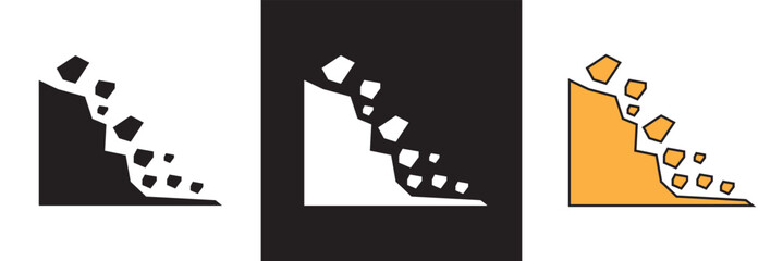 Landslide Icon.  Mountain hill, Rockfall landslide natural disaster warning sign icon.  isolated on white and black background. vector illustration. EPS 10