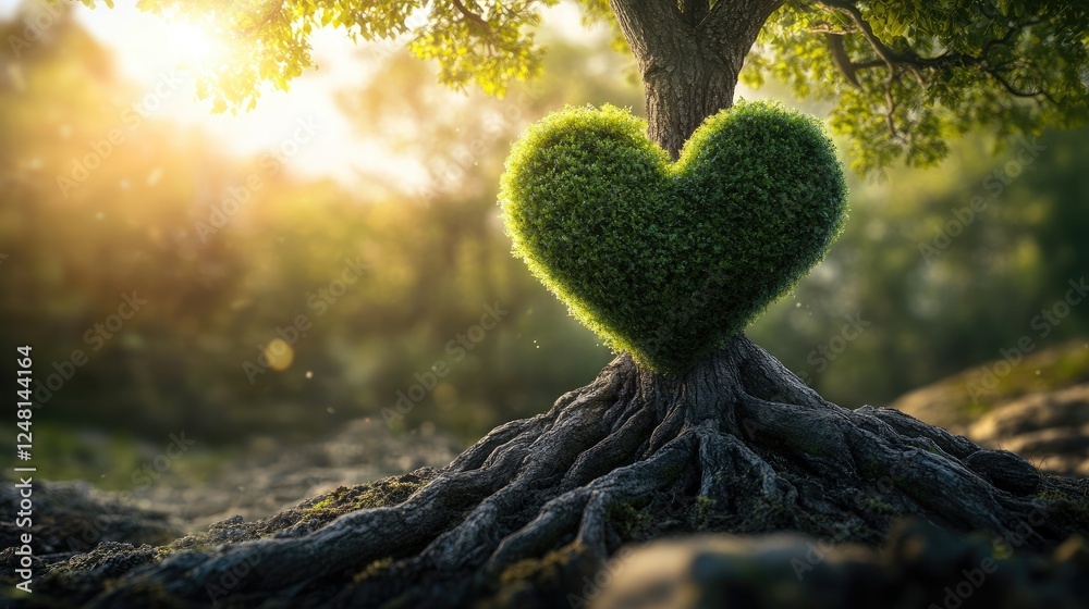 Poster a radiant green heart within the roots of a timeless tree, pulsing with energy, symbolizing nature v