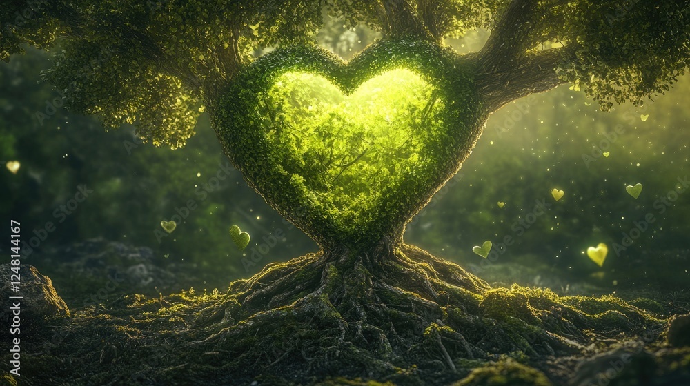 Poster a radiant green heart within the roots of a timeless tree, pulsing with energy, symbolizing nature v