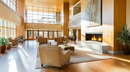 Fototapeta premium Elegant High Ceiling Lounge Area with Modern Design and Natural Light