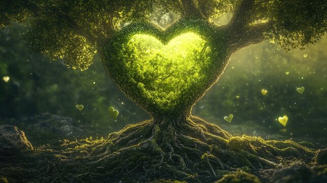 A radiant green heart within the roots of a timeless tree, pulsing with energy, symbolizing nature vitality, with an empty pedestal for showcasing products