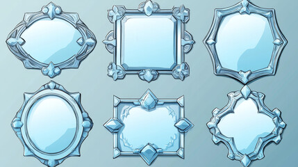 Silver game frames, medieval ui borders. Round, hexagon and rhombus textured gui elements with ornate rims and blue decor. Cartoon empty isolated graphics for rpg game or app, Vector illustration, set
