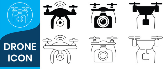 Drone icon, drone quadcopter with action camera, Photo and video drones icon, UAV shop logo, poster. Drone icons set. Drone aerial camera icon, Vector drones icon symbol design. vector illustration