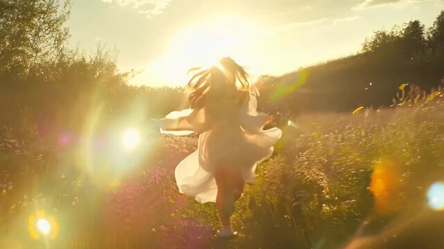 A young woman with flowing hair runs joyfully through a sunlit meadow, surrounded by wildflowers and bathed in the golden glow of the setting sun. The warm light, movement, and natural beauty create