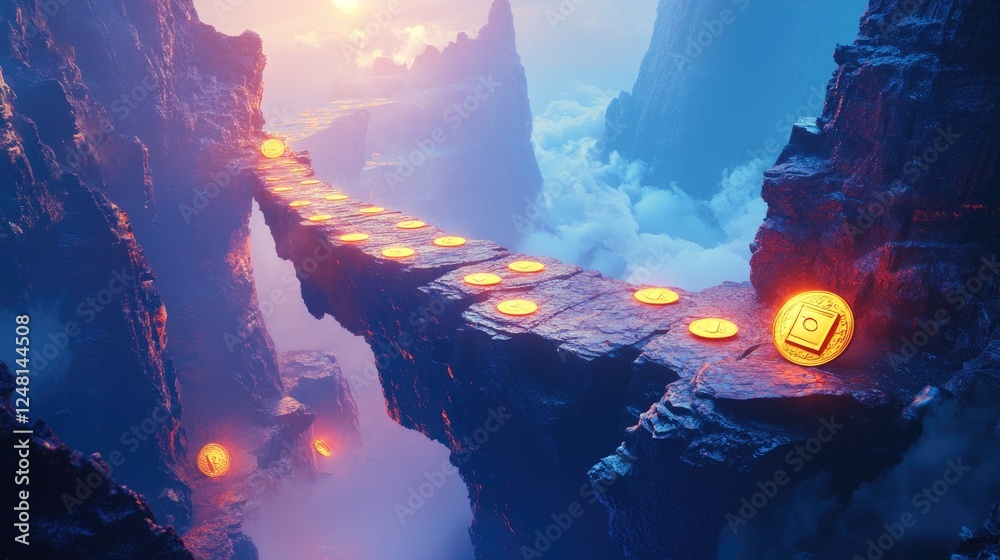 Poster a risky path over a vast canyon, with glowing coins on one end and a glowing safe on the other, symb