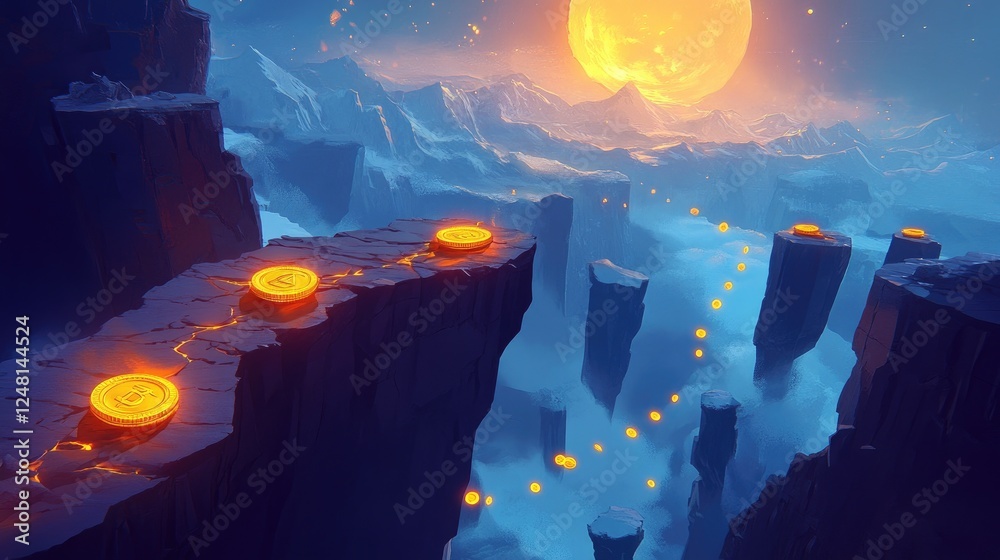 Poster a risky path over a vast canyon, with glowing coins on one end and a glowing safe on the other, symb