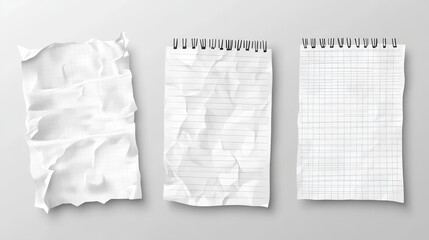 Obraz premium Notebook paper sheets set isolated on transparent background. Vector realistic illustration of blank white checkered and lined pieces with crumpled wrinkled texture, memory notes, message notepaper