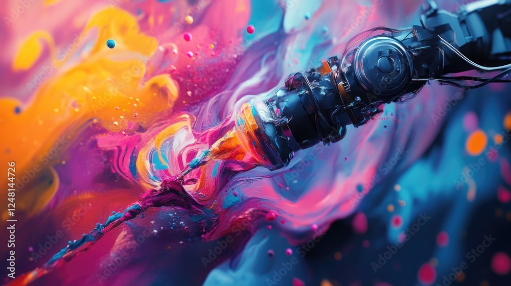Poster A robotic arm creating abstract art on a canvas, using vibrant colors, blending AI and automation with artistic expression to redefine the future of digital art innovation.