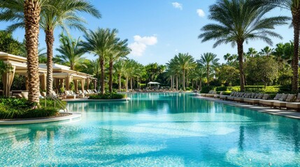 Serene Lagoon Style Pool Surrounded by Palm Trees and Lounge Chairs