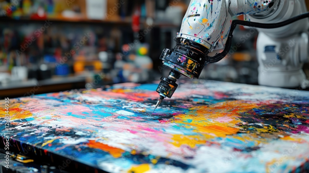 Poster a robotic arm paints vibrant abstract patterns on a canvas, combining ai, automation, and artistic c
