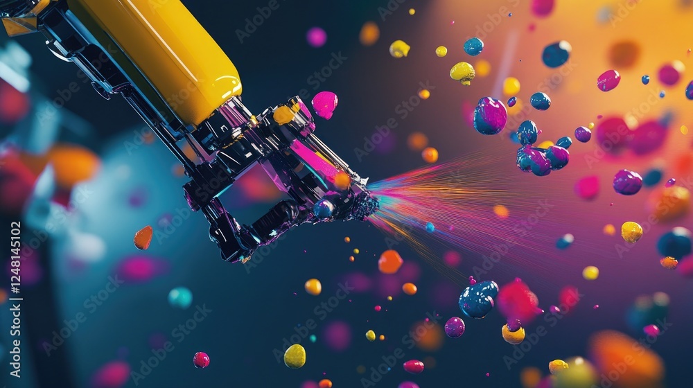 Poster a robotic arm sprays paint onto car parts in a dynamic scene, colorful droplets suspended in the air
