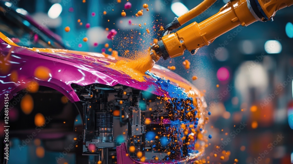 Poster a robotic arm sprays paint onto car parts in a dynamic scene, colorful droplets suspended in the air
