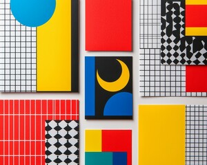 Minimalist cards with bold primary colors in a modern grid layout, accented with clean typography and geometric shapes, perfect for creative designs