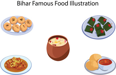 A creative set of illustrations highlighting bihar’s famous dishes like litti chokha, thekua, and sattu paratha.