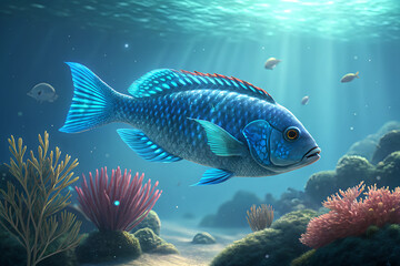 Fototapeta premium Vibrant Blue Fish Swimming Among Coral in Bright Underwater Scene