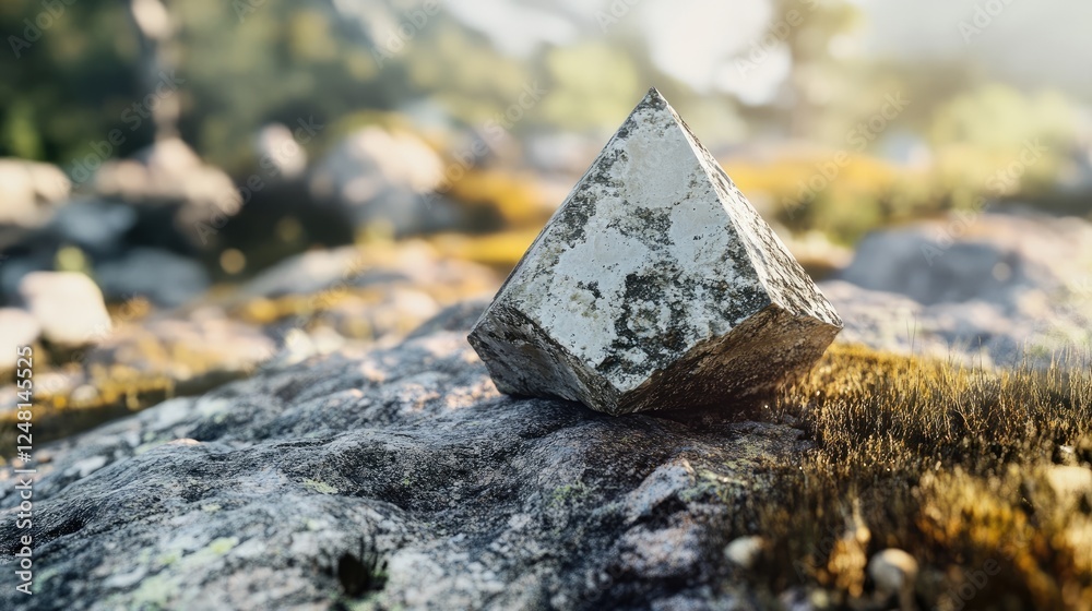 Poster A rugged boulder with a sharp triangular stone, serving as a unique pedestal for presenting a cosmetic product in a natural setting.