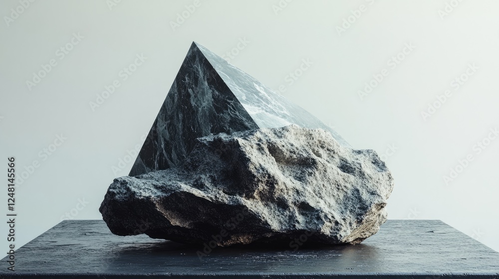 Poster A rugged, rough boulder with a sharp triangular stone set as a mock-up pedestal for luxury cosmetic packaging.