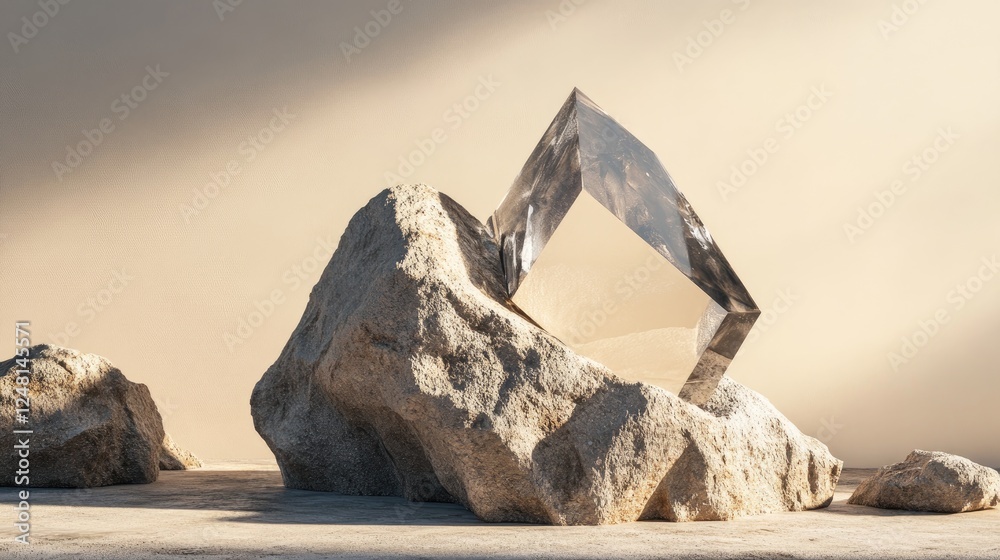 Poster a rugged, rough boulder with a sharp triangular stone set as a mock-up pedestal for luxury cosmetic 