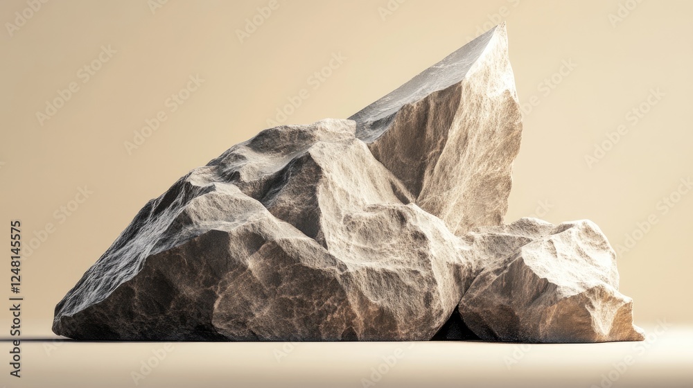 Poster a rugged, rough boulder with a sharp triangular stone set as a mock-up pedestal for luxury cosmetic 