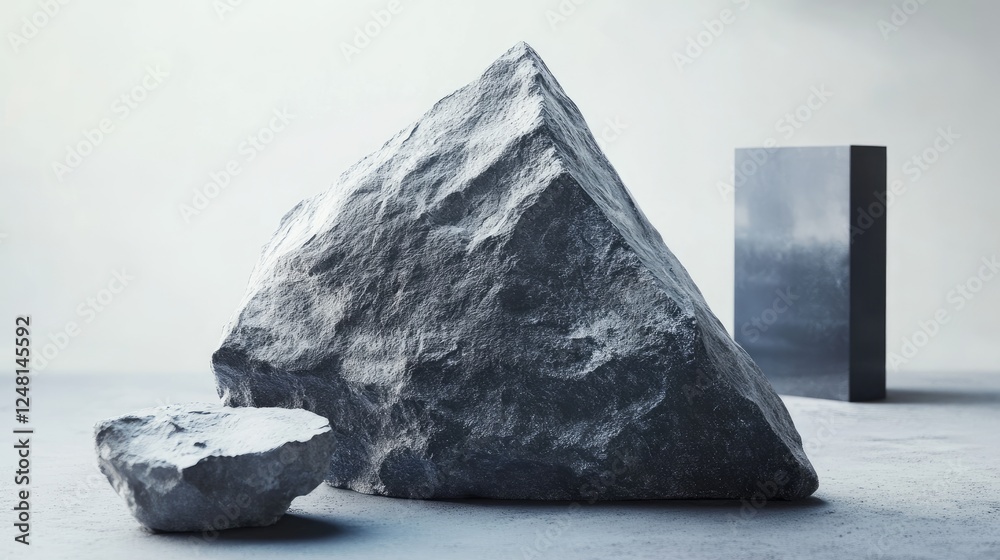 Poster a rugged, rough boulder with a sharp triangular stone set as a mock-up pedestal for luxury cosmetic 
