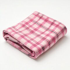 Folded pink plaid fabric on white background