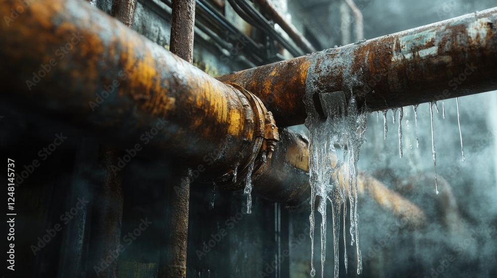 Poster a rusty, leaking pipe with steam and dripping water in an industrial environment, symbolizing the ne