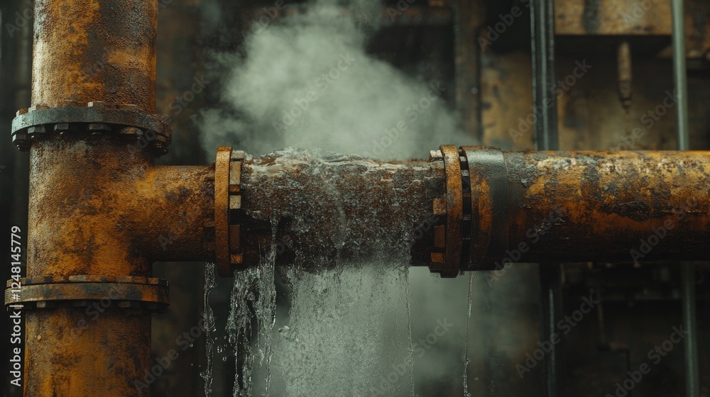 Poster a rusty, leaking pipe with steam and dripping water in an industrial environment, symbolizing the ne