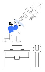 Person blocks incoming DDOS threats with a shield, standing near tools and suitcase. Ideal for cybersecurity, data protection, online threats, IT infrastructure, network defense, risk management