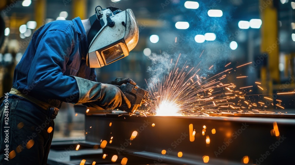 Poster a scene of a worker welding metal in a dark factory, with bright sparks illuminating the surrounding