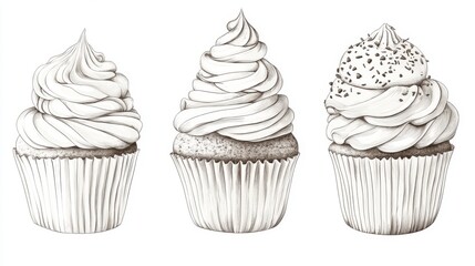 Three delicious cupcakes, sketched, white background, baking illustration, food blog