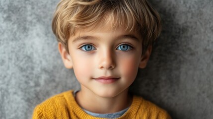 Naklejka premium Cute young boy with bright blue eyes wearing a cozy sweater against a textured background