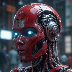 Fototapeta premium A woman with a robot face and blue eyes