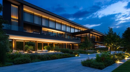 Modern Boutique Hotel Facade with Serene Landscape at Dusk