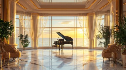 Fototapeta premium Opulent Presidential Suite with Grand Piano and Ocean View Sunset