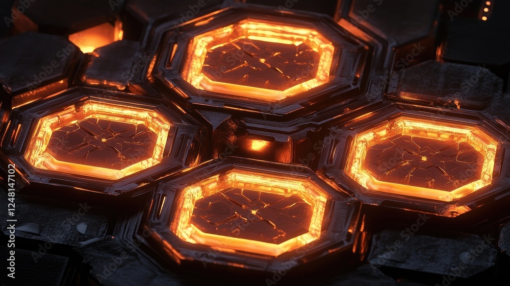 Poster a series of glowing, pulsating hexagons interlocked together, symbolizing the core components of tec
