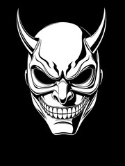 japanese evil mask , digital black and white illustration