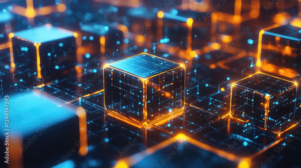 Poster A series of interlocking hexagons filled with pulsating light, illustrating the building blocks of advanced technology contributing to infrastructural growth and innovation.