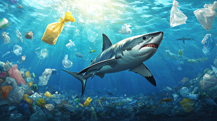 Obraz premium Sad shark, floating plastic bags and garbage underwater in sea or ocean. Ocean pollution by trash, global littering. Vector cartoon landscape of seabed with bottles, cups and barrel with toxic waste