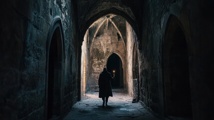 Human hands holding candle with burning flame in candlestick in forward walking along dark abandoned ancient castle or hall. Cartoon vector game spooky dungeon with stone walls and arched door.