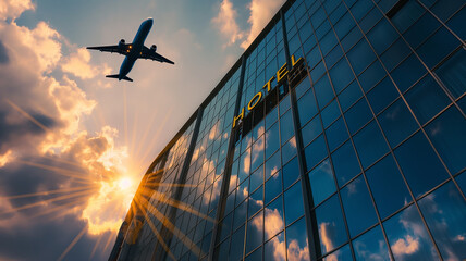 Travel destination. A hotel sign on a building with an airplane flying above.