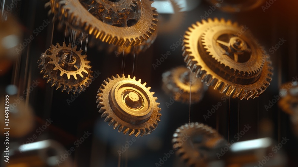 Poster a set of floating gears in perfect synchrony, representing the partnership between startups and esta