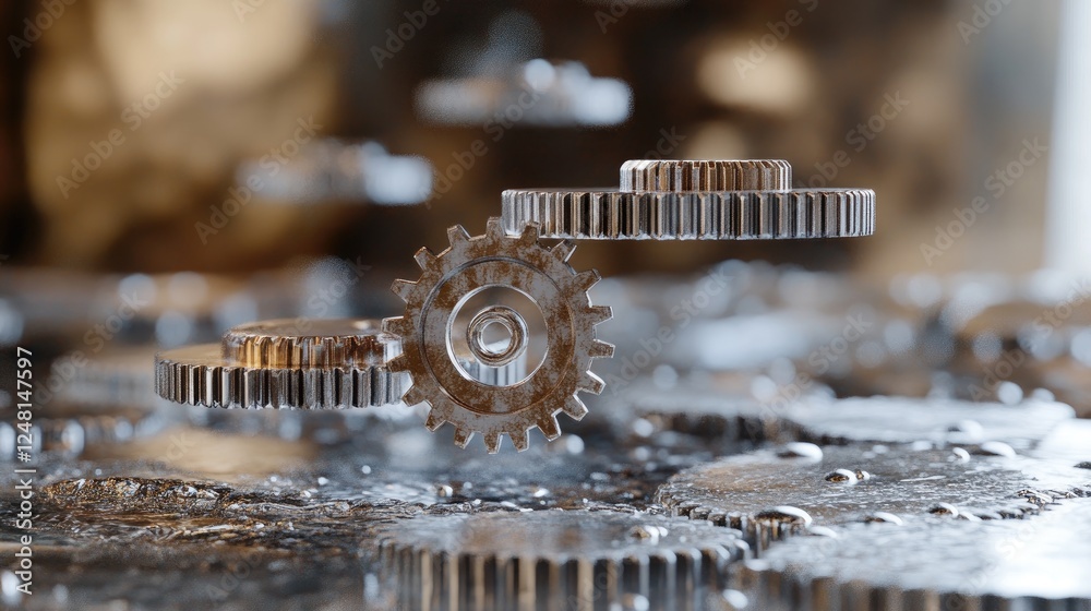 Poster a set of floating gears in perfect synchrony, representing the partnership between startups and esta