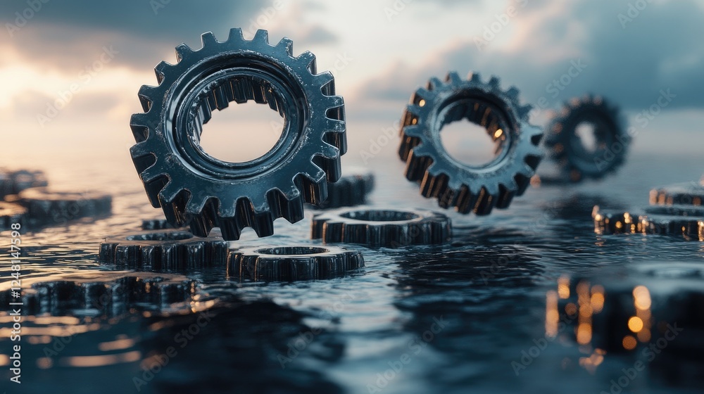 Poster a set of floating gears in perfect synchrony, representing the partnership between startups and esta