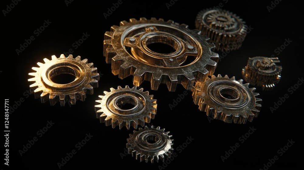 Poster a set of floating gears in perfect synchrony, representing the partnership between startups and esta